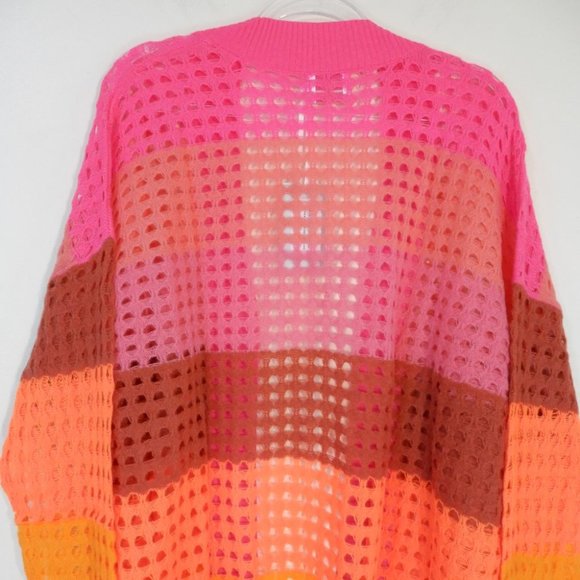 BRODIE CASHMERE Sunset Pointelle Knit Stripe CARDIGAN M L Neon Pink NEW $398 - Picture 9 of 11